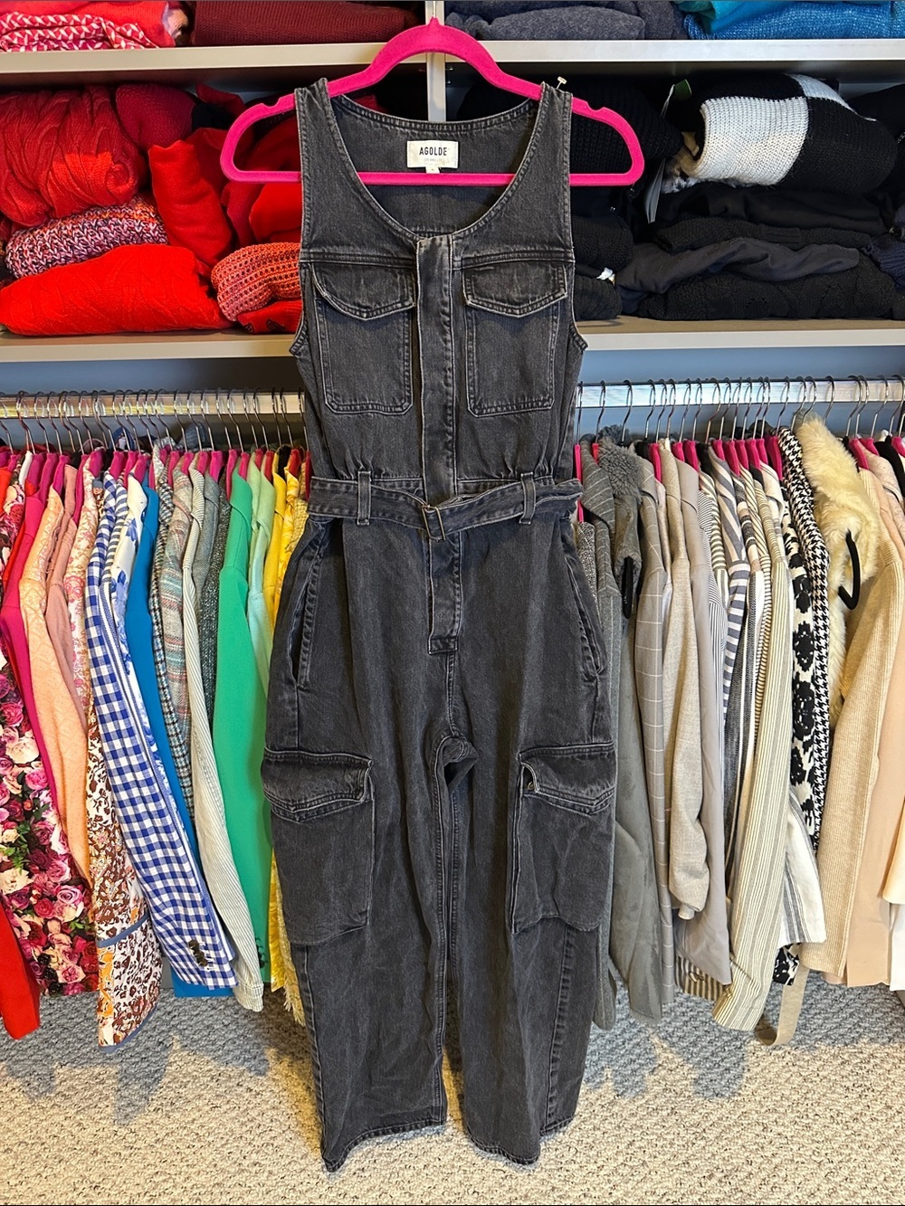 Agolde black sleeveless 6 pocket belted cargo style denim jumpsuit size 0